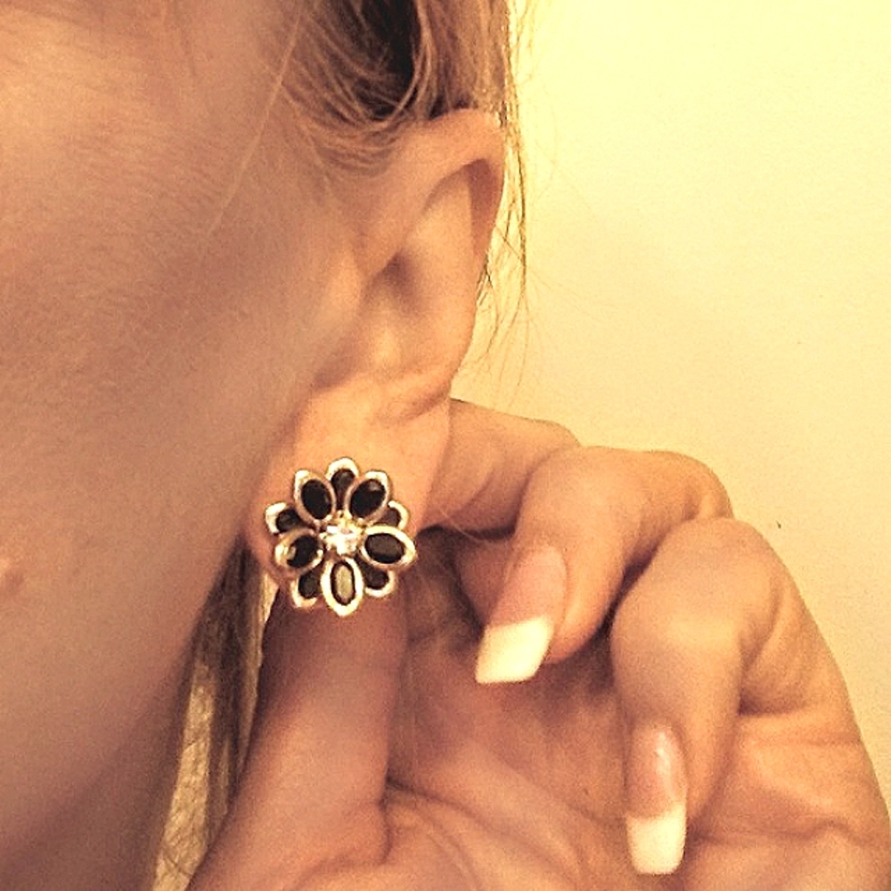ROSE Camelia Flower Earrings BLACK w Simulated Diamonds